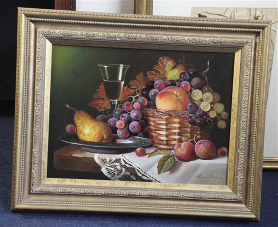Raymond Campbell (b.1956) Table top still life with fruit in a basket and wine glass 11.25 x 15.25in.
